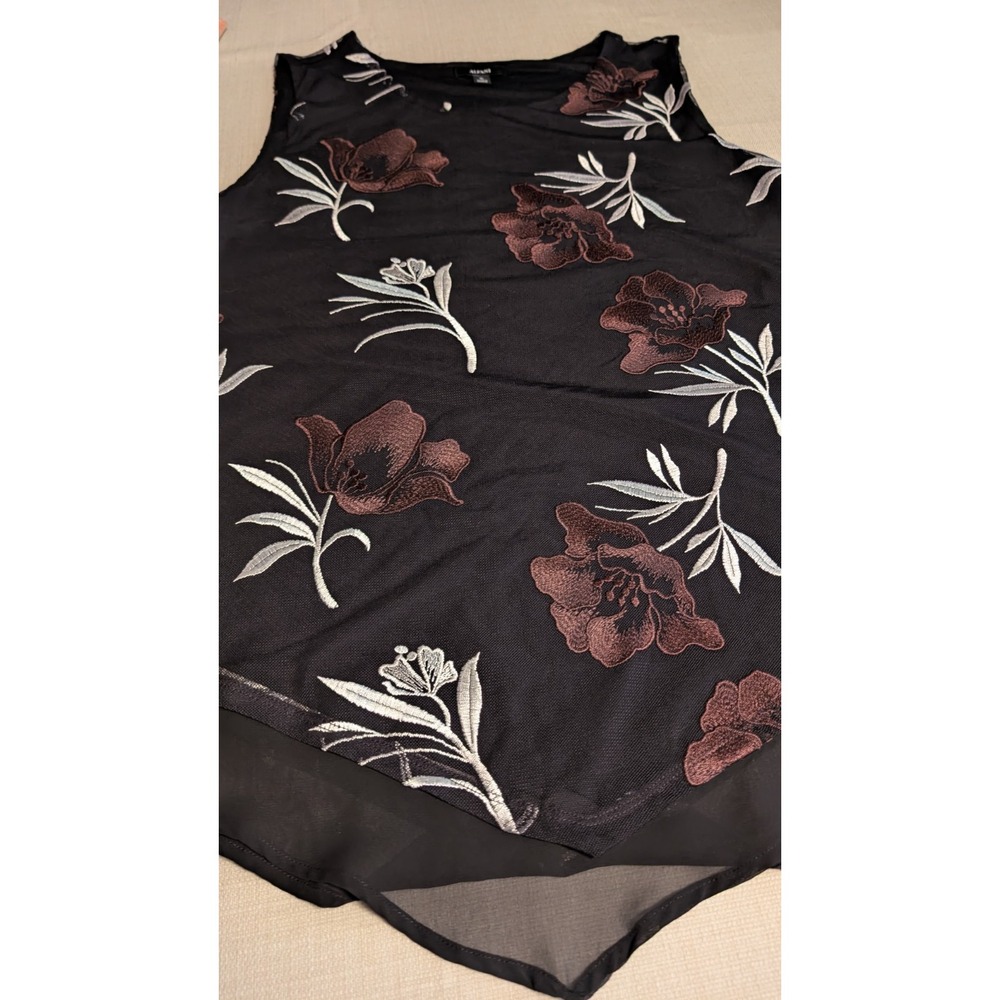 Alfani XL Women's Floral Embroidered Sheer Over Black Shell Top